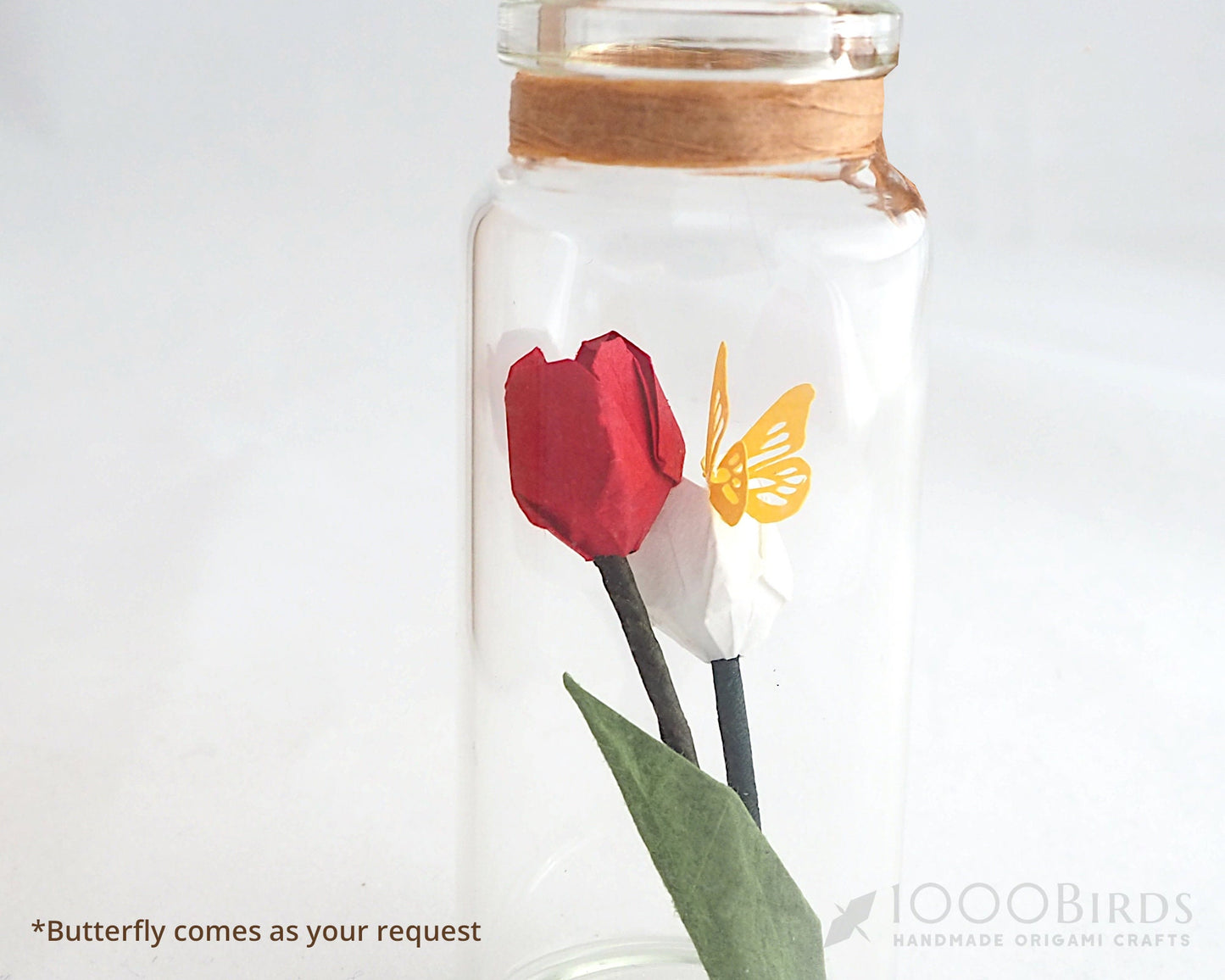 Handmade Origami Tulips in Glass Bottle - Unique Gift, Paper Trinket, Greeting Card Alternative, Trinket Shelf Decor