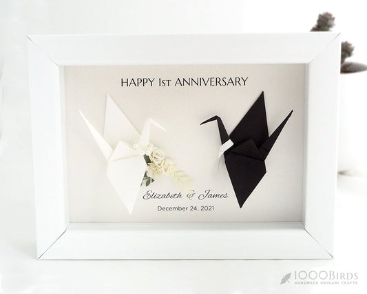 Personalized Paper Flower Bouquet with Personized Origami Paper Crane Art Frame for First Wedding Anniversary Gift, Paper Anniversary Gift