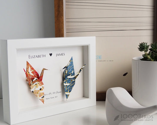 Hand Printed Japanese Crane Washi Paper 1 Year Anniversary Gift Art, Unique Wedding Gift, Personalized Gift, Paper Anniversary Gift for Him