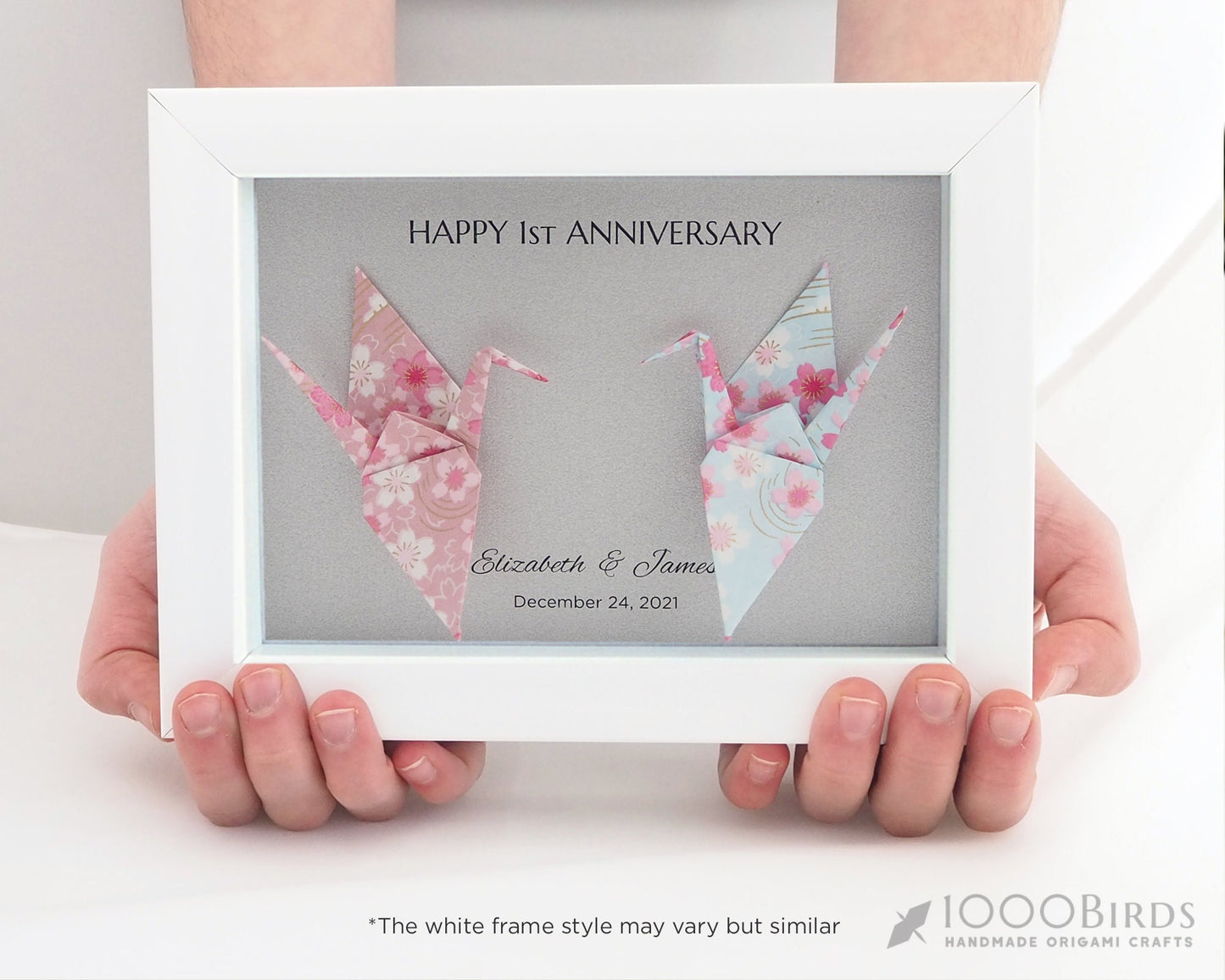 Kawaii Cherry Blossom Hand Printed Japanese Washi Paper Crane Art in Frame for Home Decor, Unique and Thoughtful Wedding or Anniversary Gift