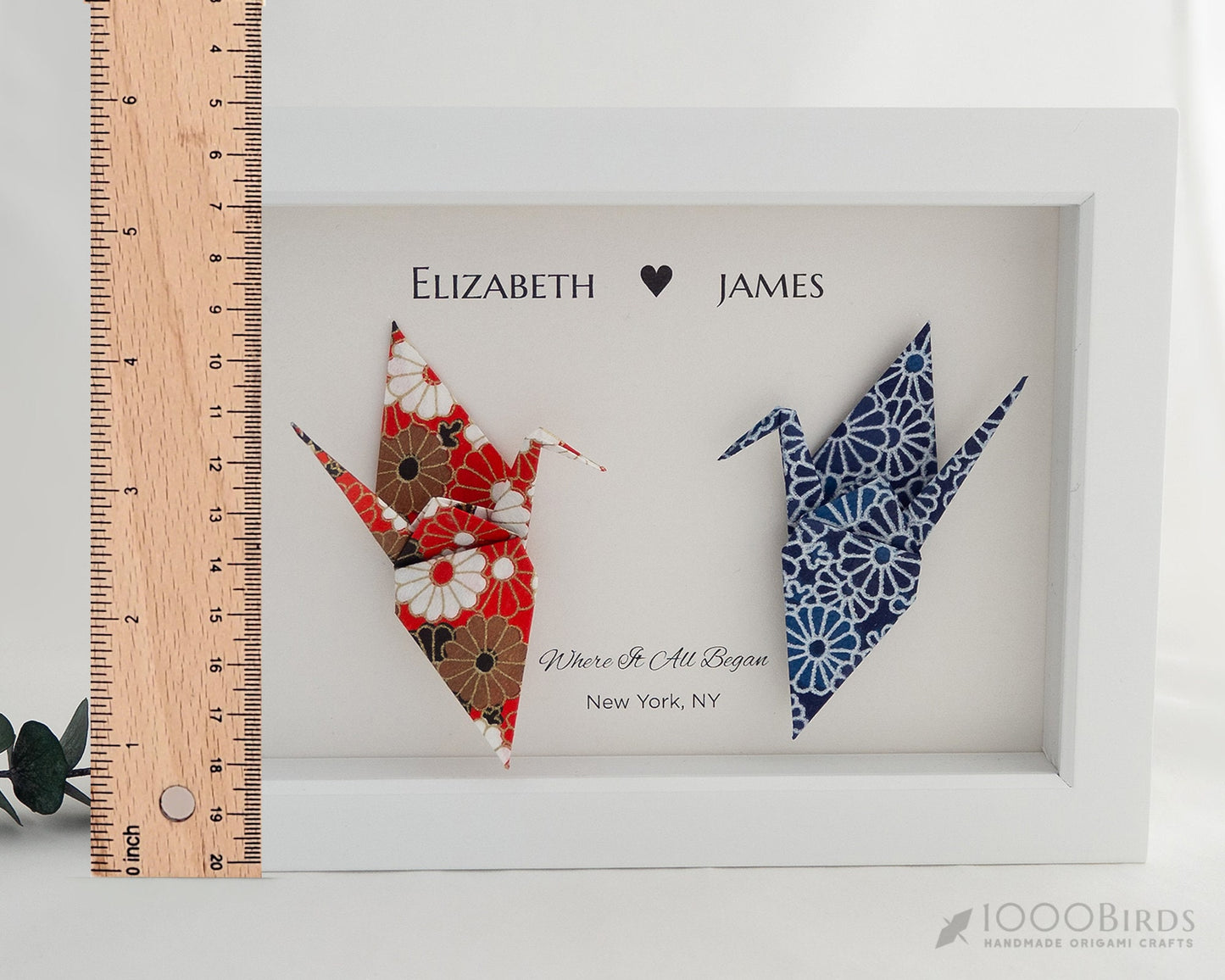 Chrysanthemum Vermilion and Navy Japanese Yuzen Washi Origami, You and Me Love Birds Personalized Art for Couple, Peace Home Decor
