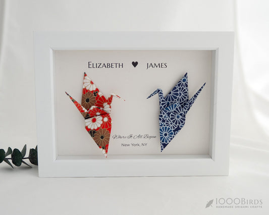 Chrysanthemum Vermilion and Navy Japanese Yuzen Washi Origami, You and Me Love Birds Personalized Art for Couple, Peace Home Decor