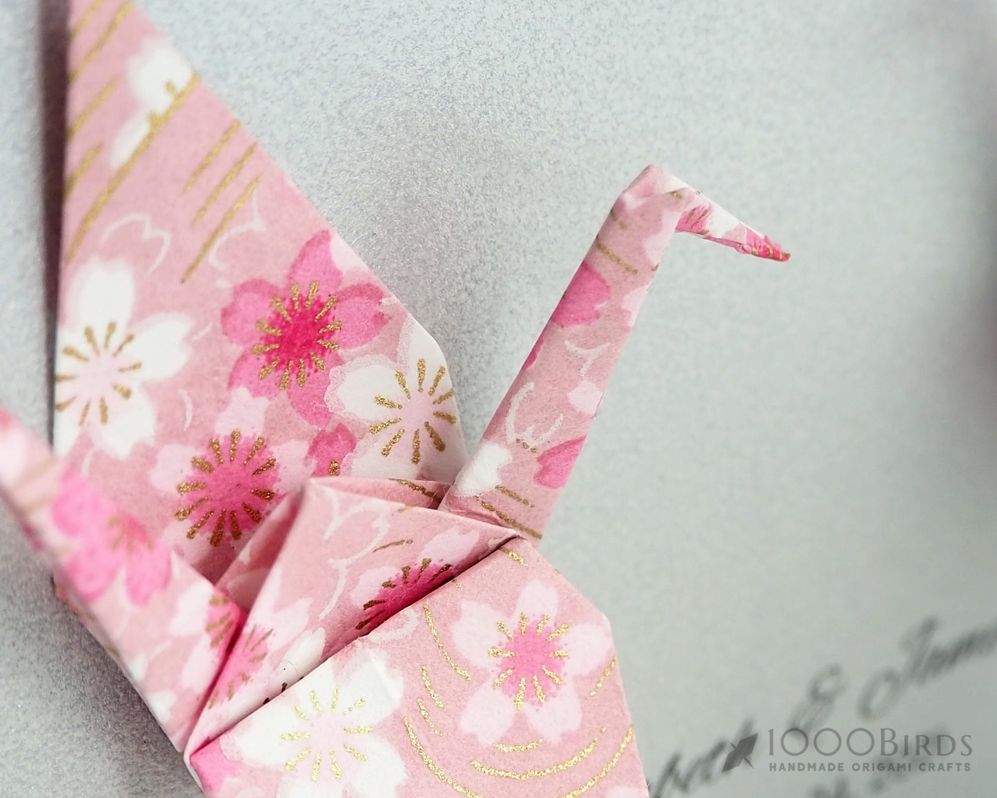 Kawaii Cherry Blossom Hand Printed Japanese Washi Paper Crane Art in Frame for Home Decor, Unique and Thoughtful Wedding or Anniversary Gift