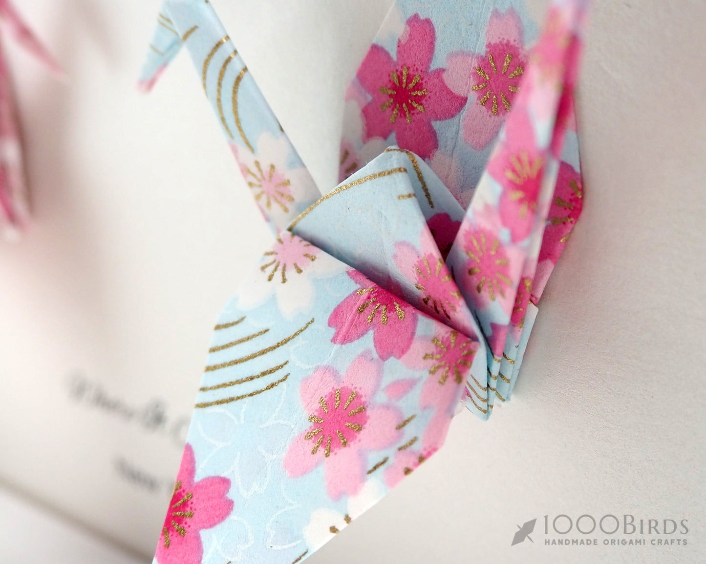 Kawaii Cherry Blossom Hand Printed Japanese Washi Paper Crane Art in Frame for Home Decor, Unique and Thoughtful Wedding or Anniversary Gift