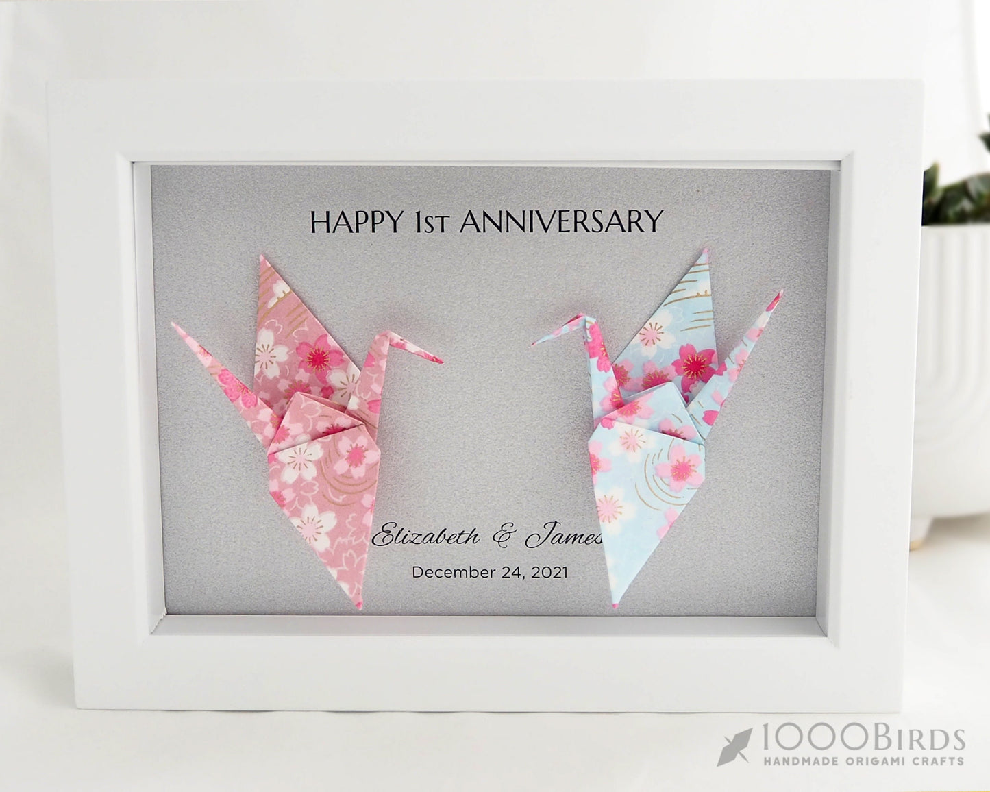 Kawaii Cherry Blossom Hand Printed Japanese Washi Paper Crane Art in Frame for Home Decor, Unique and Thoughtful Wedding or Anniversary Gift
