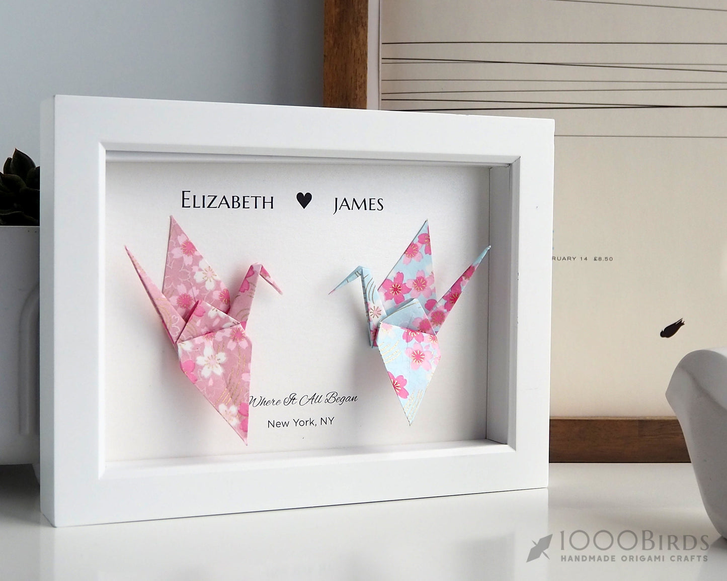 Kawaii Cherry Blossom Hand Printed Japanese Washi Paper Crane Art in Frame for Home Decor, Unique and Thoughtful Wedding or Anniversary Gift