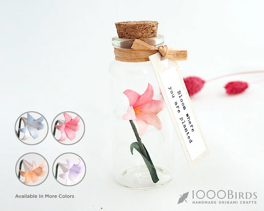 Pink Japanese Washi Origami Paper Lily in Mini Bottle with Personalized Tag for Graduation Gift, Remembrance Gifts
