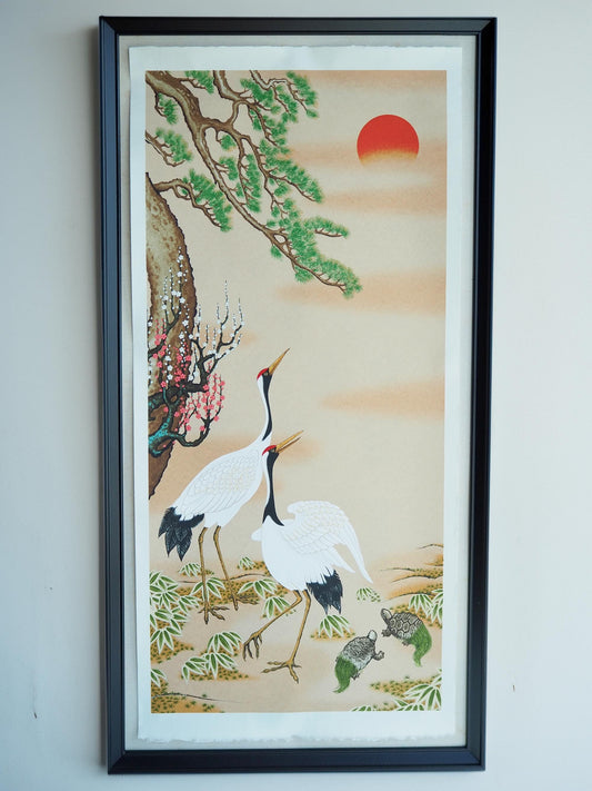 Pine, Bamboo, Plum Flower, Crane & Turtle Washi Art Print (Unframed) | Japanese Zen Decor for Asian Culture Lovers