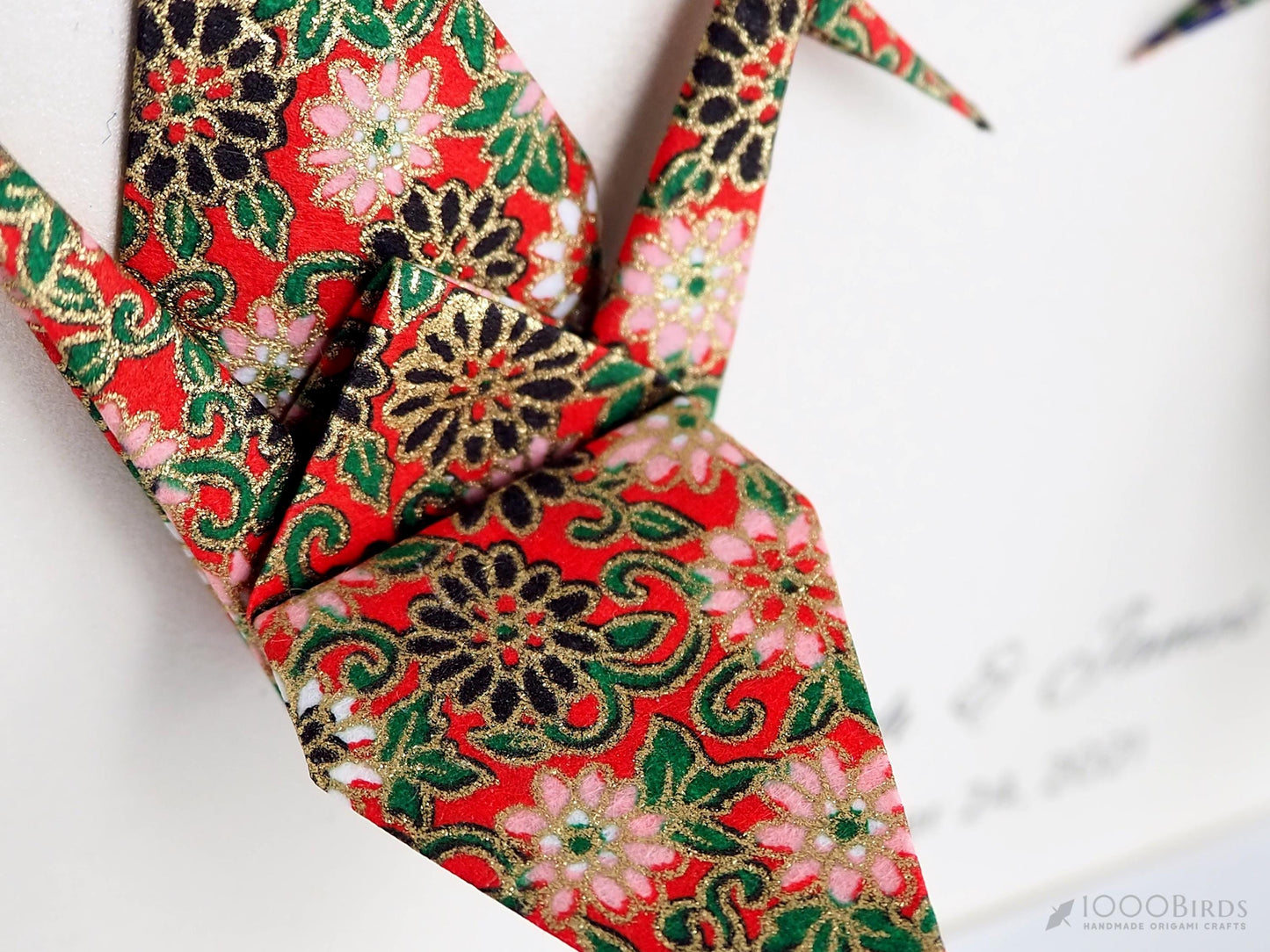 Gold-Accented Origami Crane Art with Vibrant Small Floral Patterns – A Gorgeous Personalized Anniversary or Wedding Gift