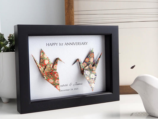 Gold-Accented Origami Crane Art with Vibrant Small Floral Patterns – A Gorgeous Personalized Anniversary or Wedding Gift