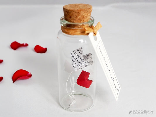 Valentine's Day Gift with Solid Red and "I Love You" Text-Printed Origami Heart Balloons in Mini Bottle